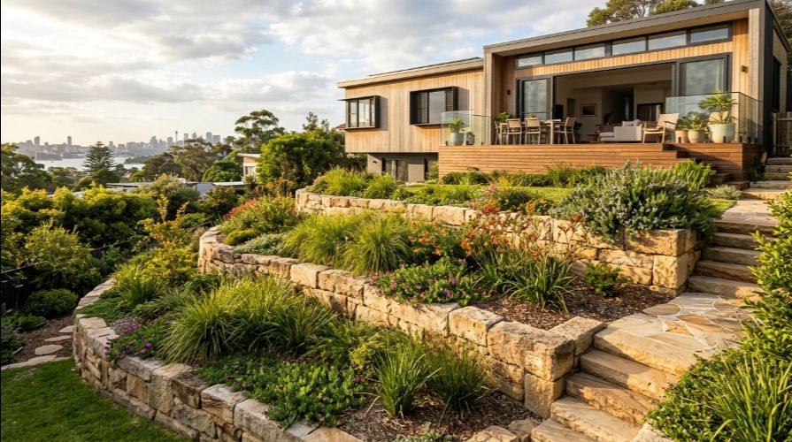 Cross-section diagram showing sloping block engineering for a Sydney home, with pier footings in sandstone, suspended concrete slab, and subsoil drainage behind a retaining wall.