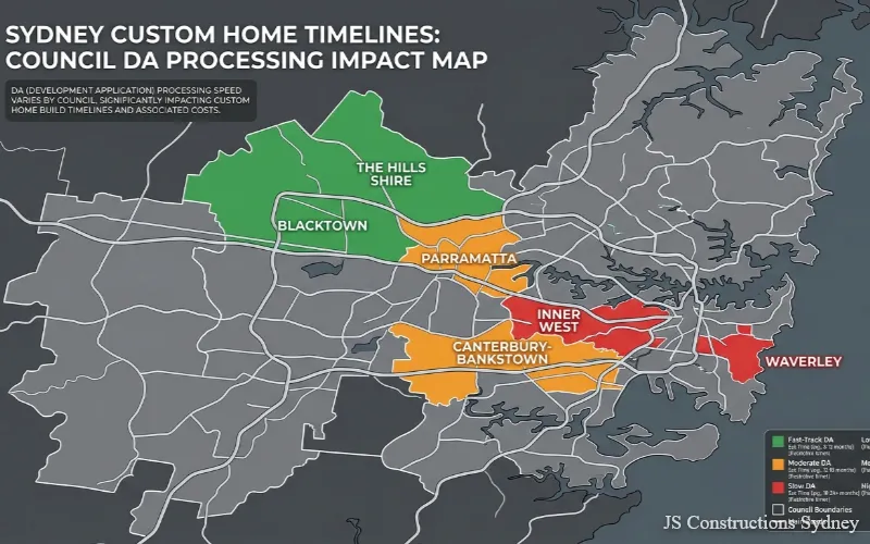 Custom home cost Sydney council approval map – DA processing times colour coded by region