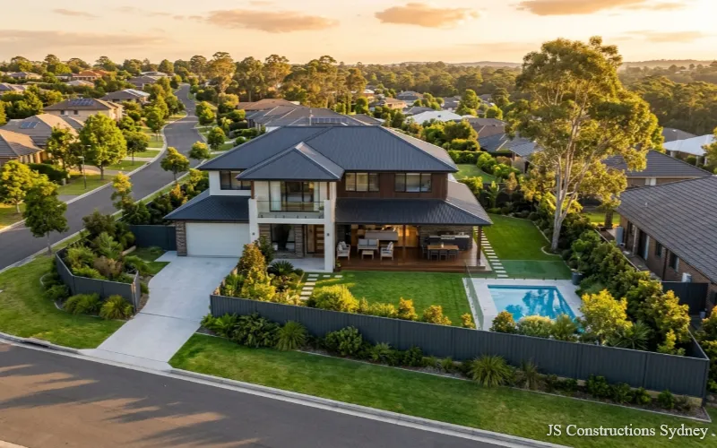 Finished custom home cost Sydney – drone aerial photograph of completed build with landscaping