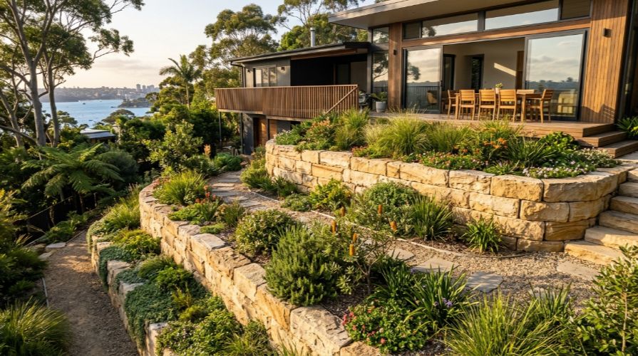 Modern split-level sloping block home design in Sydney with large glass windows, cantilevered timber deck, and panoramic views over bushland and water at golden hour.