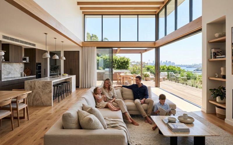 Spacious modern custom home interior in Sydney with natural light and premium finishes