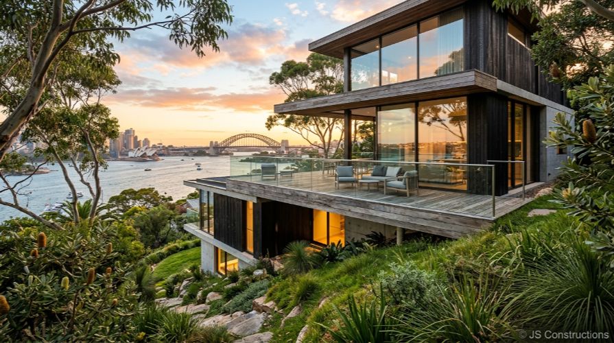 Tiered sandstone retaining wall solutions on a Sydney sloping block, with native garden terraces and a contemporary split-level home in the background.