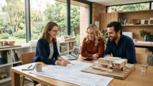 Architect reviewing custom home design plans with a couple at a table in a modern office in Sydney, showing collaborative home building consultation. (1) (1)