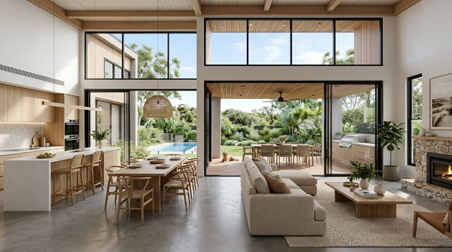 Architectural rendering of a spacious open-plan custom family home in Sydney with high ceilings, large windows, modern kitchen and seamless indoor-outdoor living area.