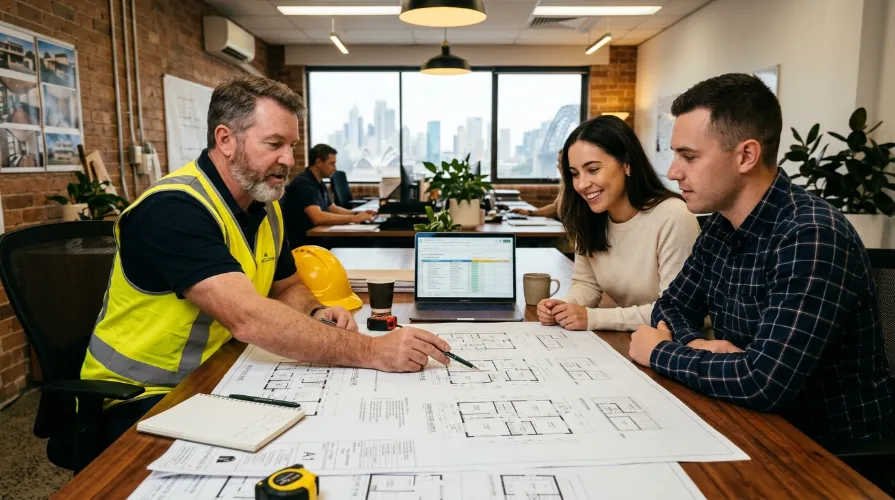 Builder discussing knockdown rebuild process NSW approval plans with Sydney homeowners