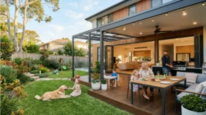 Family enjoying a sunny afternoon in the spacious backyard of a modern home in Castle Hill with large alfresco area and native garden landscaping.