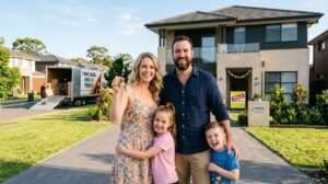 Happy family of four standing in front of their newly built home in Kellyville Sydney, holding keys with a moving truck in the background. (1) (1)