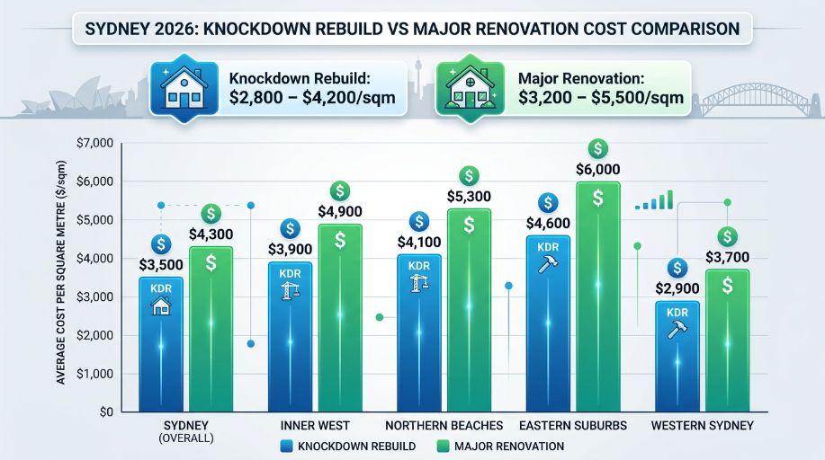 Infographic comparing knockdown rebuild vs renovation costs in Sydney 2026, showing average prices per square metre across Inner West, Northern Beaches, Eastern Suburbs and Western Sydney.