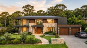 Luxury custom home with contemporary façade and landscaped garden in the Hills District Sydney, featuring large windows and a double garage.