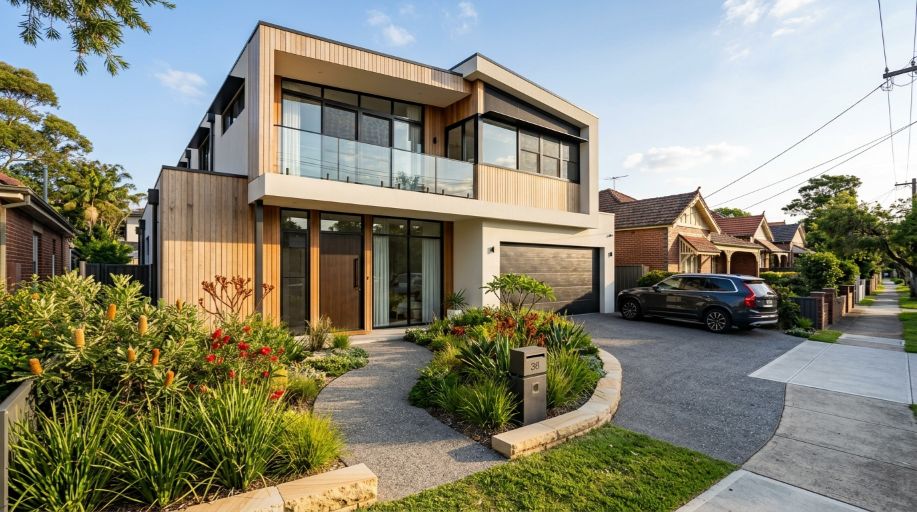 Modern two-storey custom home built after a knockdown rebuild in Sydney’s Inner West, featuring sleek design, large windows and landscaped front yard on a sunny day.
