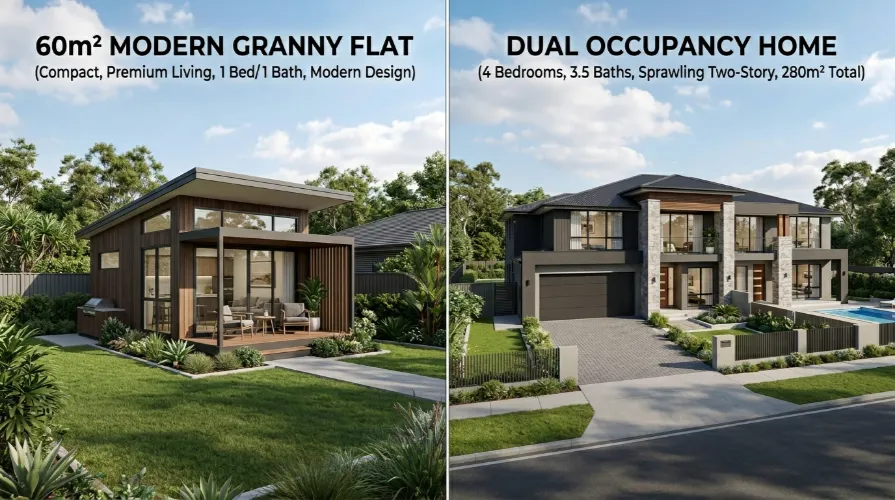 Site blueprint comparing dual living vs duplex construction layouts for Sydney property developers