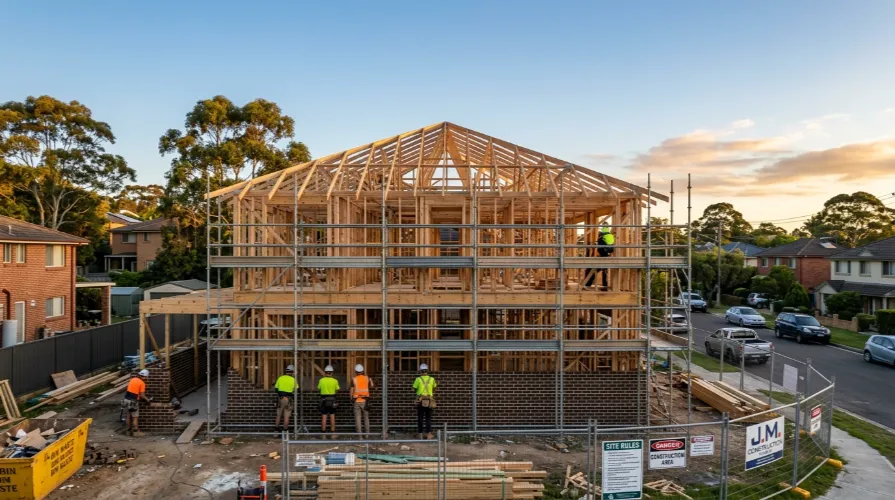Timber frame and roof truss structure during knockdown rebuild process Sydney