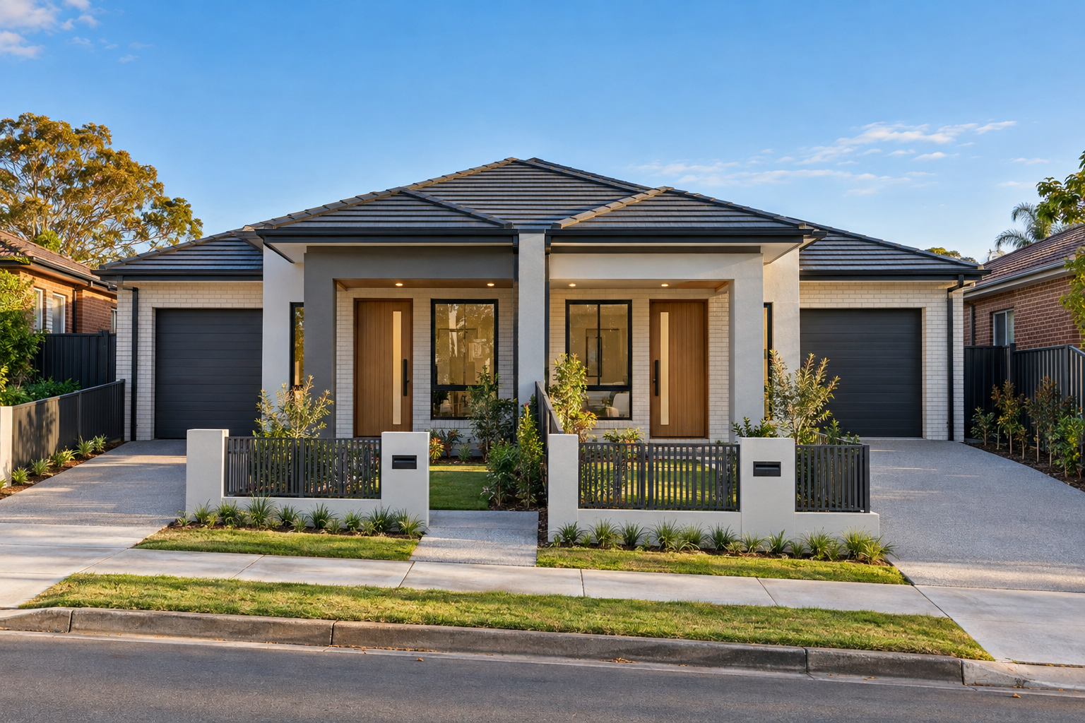 Symmetrical attached dual occupancy home design built on a narrow block in Sydney, showing two separate front entrances